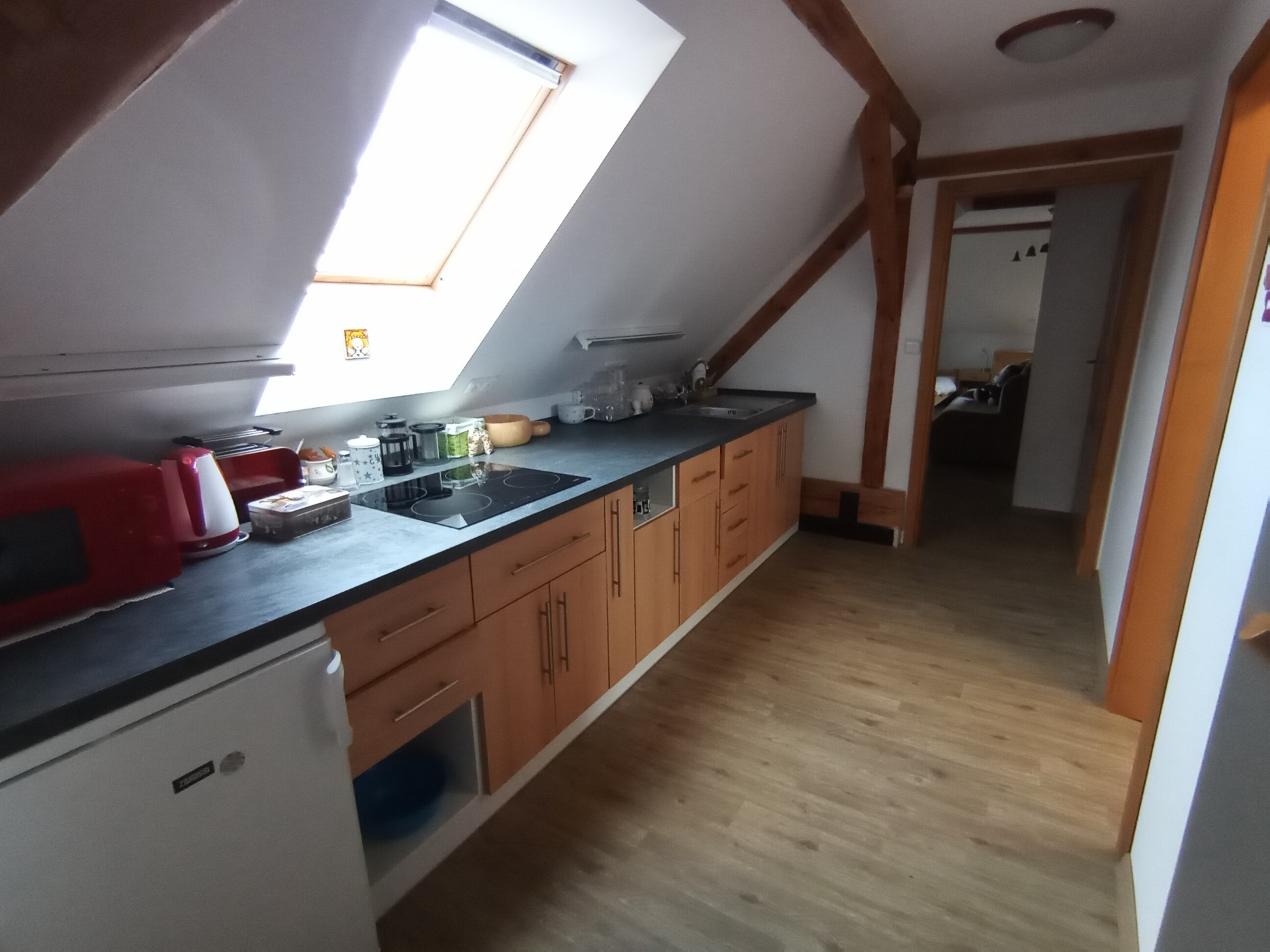 kuchyň se dveřmi do většího pokoje